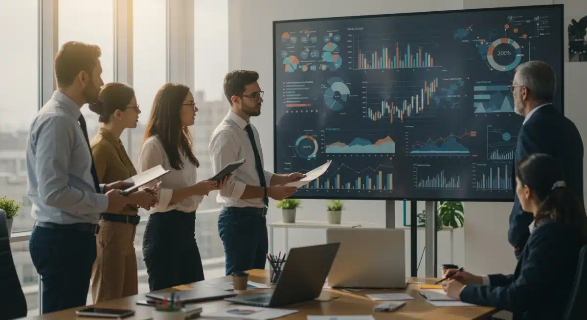 Profesionales de negocios internacionales colaborando en una oficina moderna en España, discutiendo oportunidades de inversión.