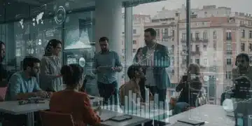 Emprendedores e inversores colaborando en un entorno tecnológico español, con gráficos de crecimiento digital.