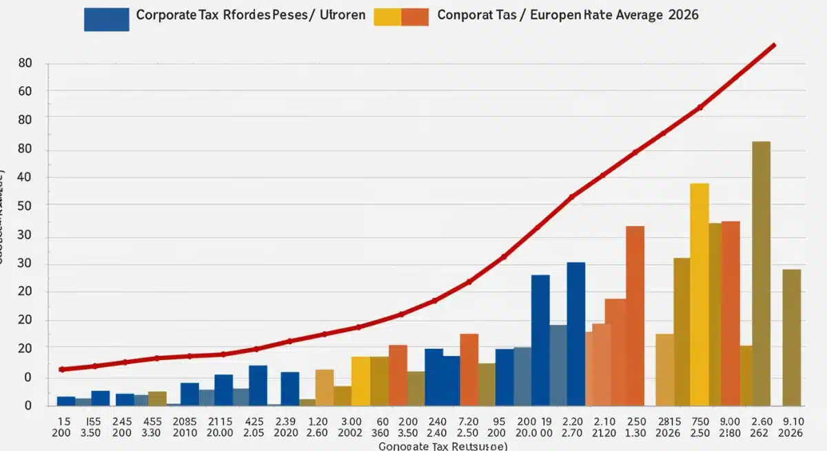 Gráfico comparativo de tipos impositivos corporativos en España vs. Europa, mostrando tendencias hasta 2026 y su efecto en la competitividad.