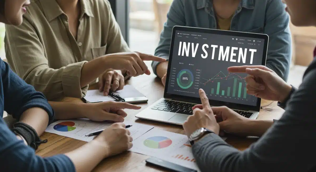 Personas diversas analizando gráficos de inversión en una tablet, simbolizando aprendizaje financiero colaborativo.