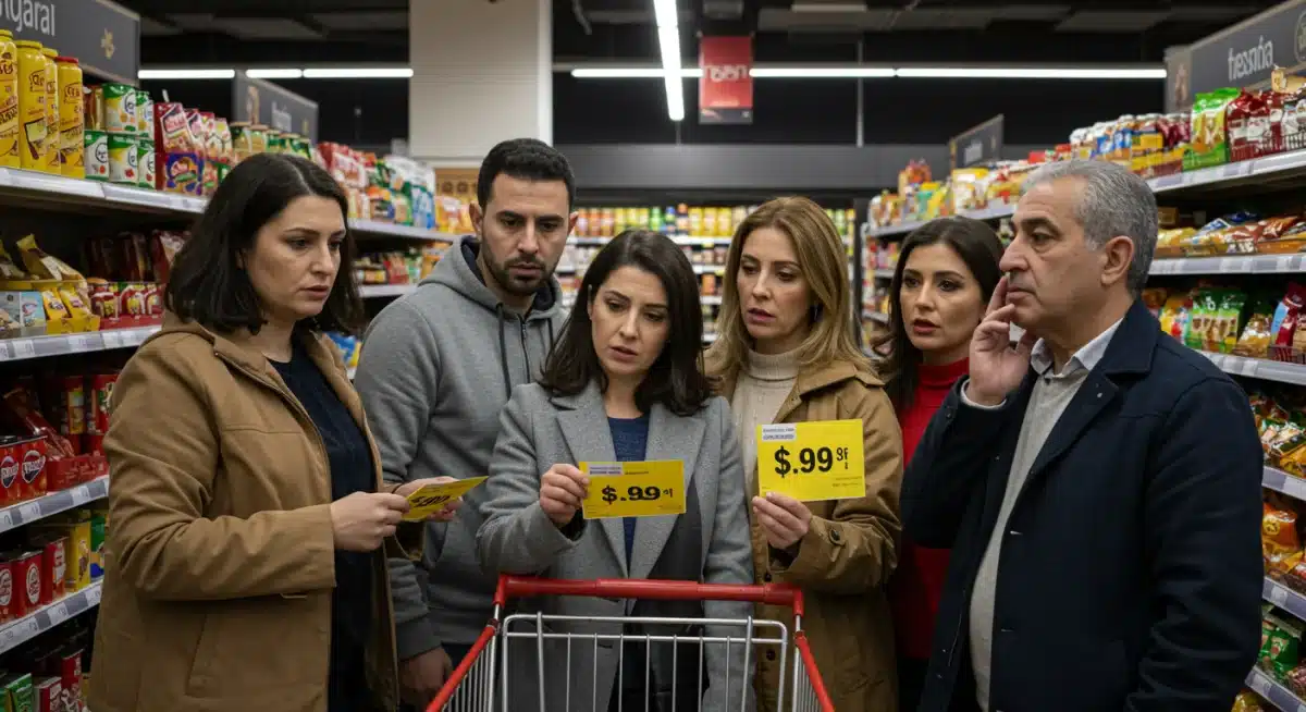 Consumidores españoles observando el aumento de precios en un supermercado