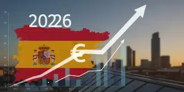 Gráfico de crecimiento económico en España con flecha ascendente y año 2026