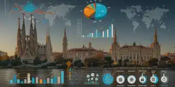 Gráfico de crecimiento económico y símbolos de innovación en España