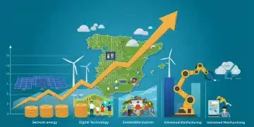 Gráfico de crecimiento económico en España con símbolos de energía renovable, tecnología digital, turismo sostenible y fabricación avanzada.