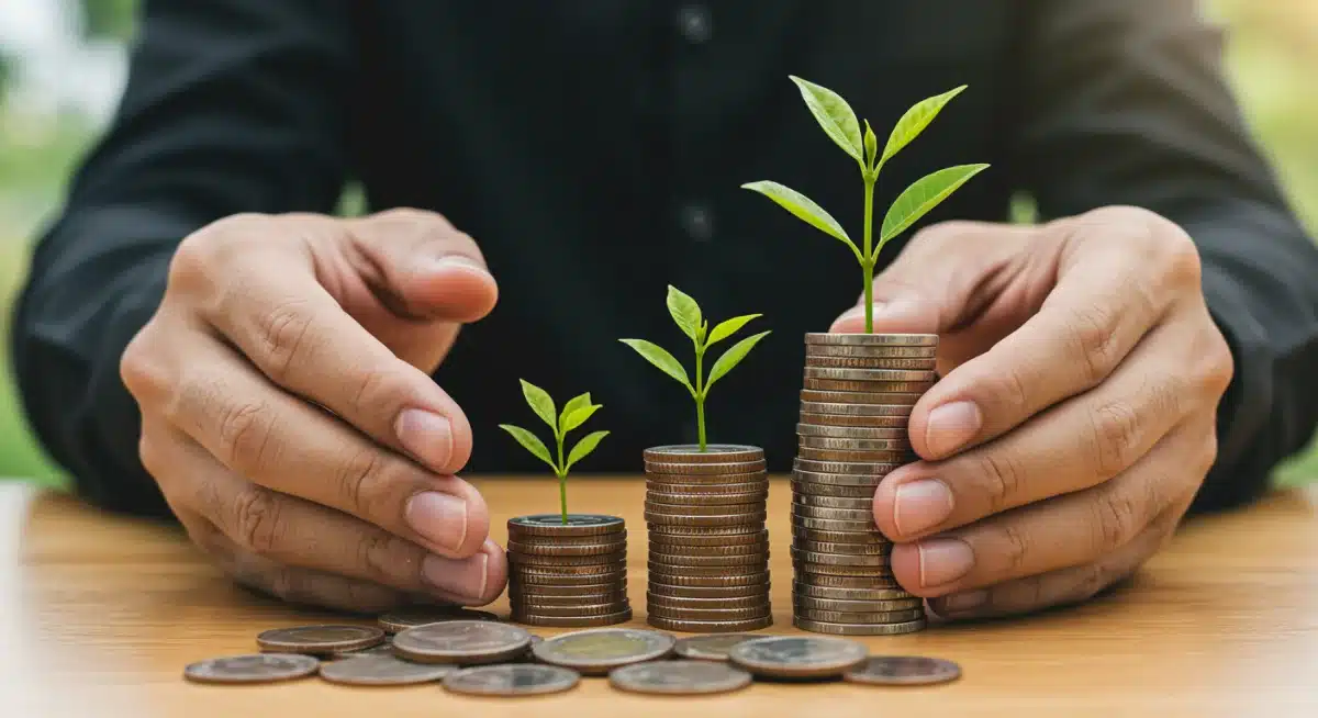 Manos sosteniendo monedas y una planta, representando el crecimiento financiero y la inversión inteligente para emprendedores