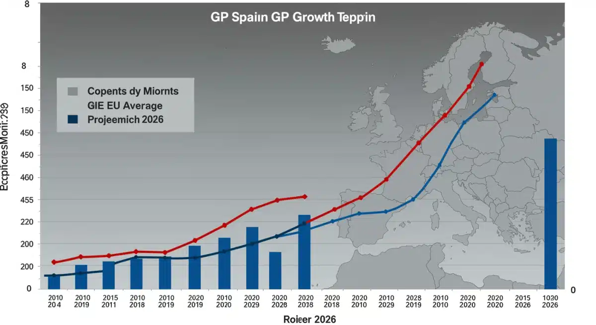 Gráfico comparativo del crecimiento del PIB de España frente a la media de la UE, mostrando tendencias y proyecciones hasta 2026.