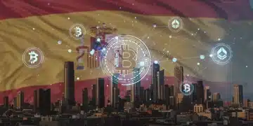Paisaje urbano digital futurista con símbolos de criptomonedas, reflejando el futuro de las criptomonedas en España para 2026.