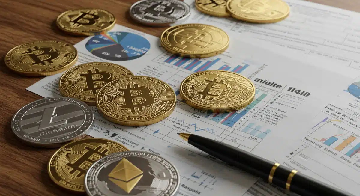 Monedas de criptomonedas junto a un formulario de declaración de impuestos, representando la fiscalidad de los activos digitales.