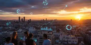 Paisaje urbano moderno con gráficos digitales representando el crowdfunding inmobiliario y oportunidades de inversión en España.