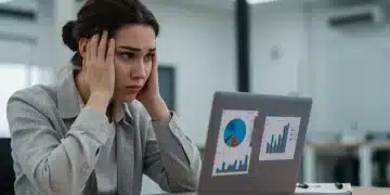 Joven profesional preocupado analizando gráficos financieros sobre deuda educativa y salarios actuales.