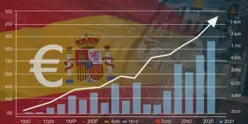 Gráfico ascendente de la deuda pública española proyectada al 110% del PIB en 2026, con símbolos económicos.