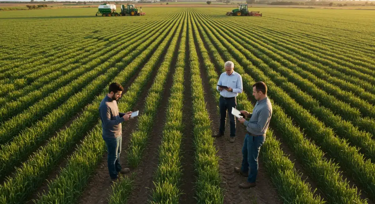 Agricultores españoles utilizando tecnología digital para monitorear cultivos