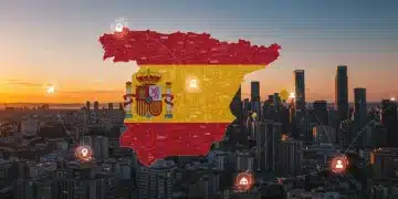 Paisaje urbano digital futurista de España, simbolizando la digitalización y el crecimiento económico para 2026.