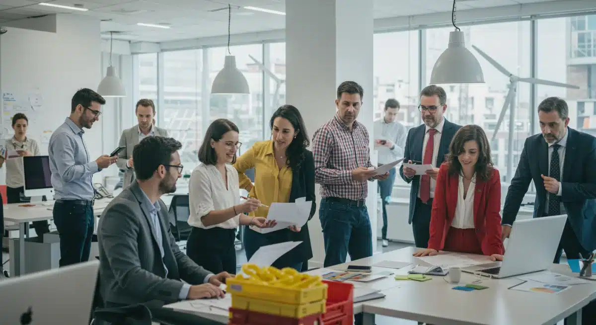 Equipo multidisciplinar trabajando en un entorno moderno, representando la diversificación económica y la innovación en España.