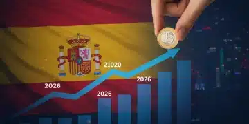 Gráficos bursátiles ascendentes con la bandera española y una mano invirtiendo, simbolizando dividendos en España 2026.