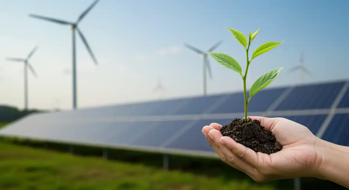 Mano sosteniendo un brote frente a energía renovable, simbolizando economía verde