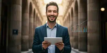 Emprendedor español sonriente consultando datos financieros en una tablet, simbolizando éxito y gestión de ayudas.
