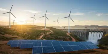 Paisaje español con paneles solares, aerogeneradores y una presa hidroeléctrica, simbolizando el avance de la energía renovable en España.