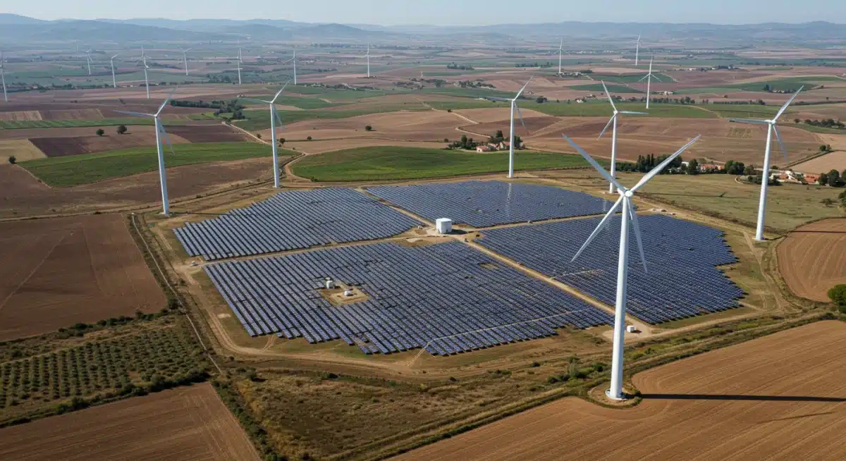 Parque solar y eólico en un paisaje español, representando la energía renovable y la sostenibilidad.
