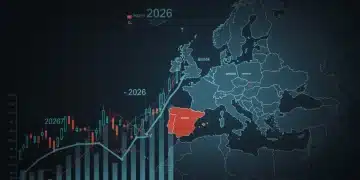 Mapa de Europa destacando España con indicadores de crecimiento económico y la bandera de la UE, simbolizando su contribución al PIB europeo en 2026.