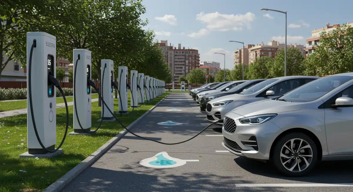 Estación de carga de vehículos eléctricos en una ciudad española, con coches modernos cargando, destacando la infraestructura de movilidad sostenible.
