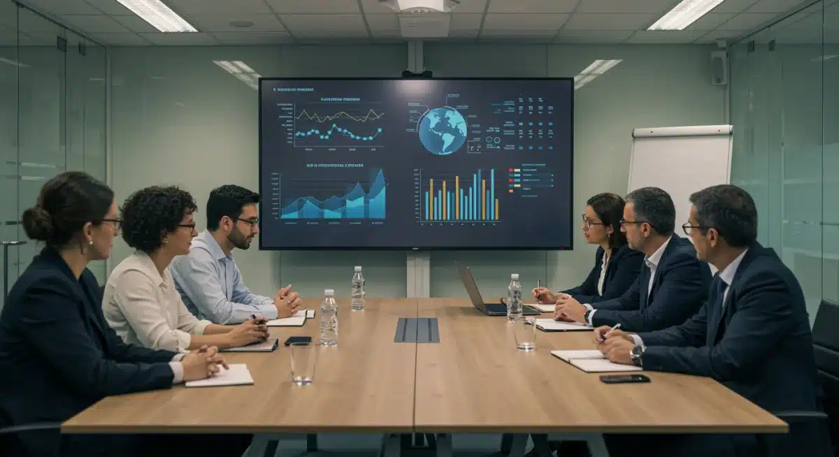 Profesionales debatiendo estrategias de turismo sostenible e innovación digital en España, con gráficos en pantalla.