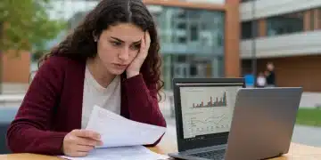 Estudiante preocupado revisando documentos de deuda educativa en España en 2026.