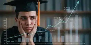 Estudiante preocupado frente a gráfico de inflación y deuda educativa en 2026