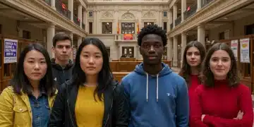 Estudiantes preocupados por la deuda educativa frente a un parlamento español, en el contexto de las elecciones de 2026.