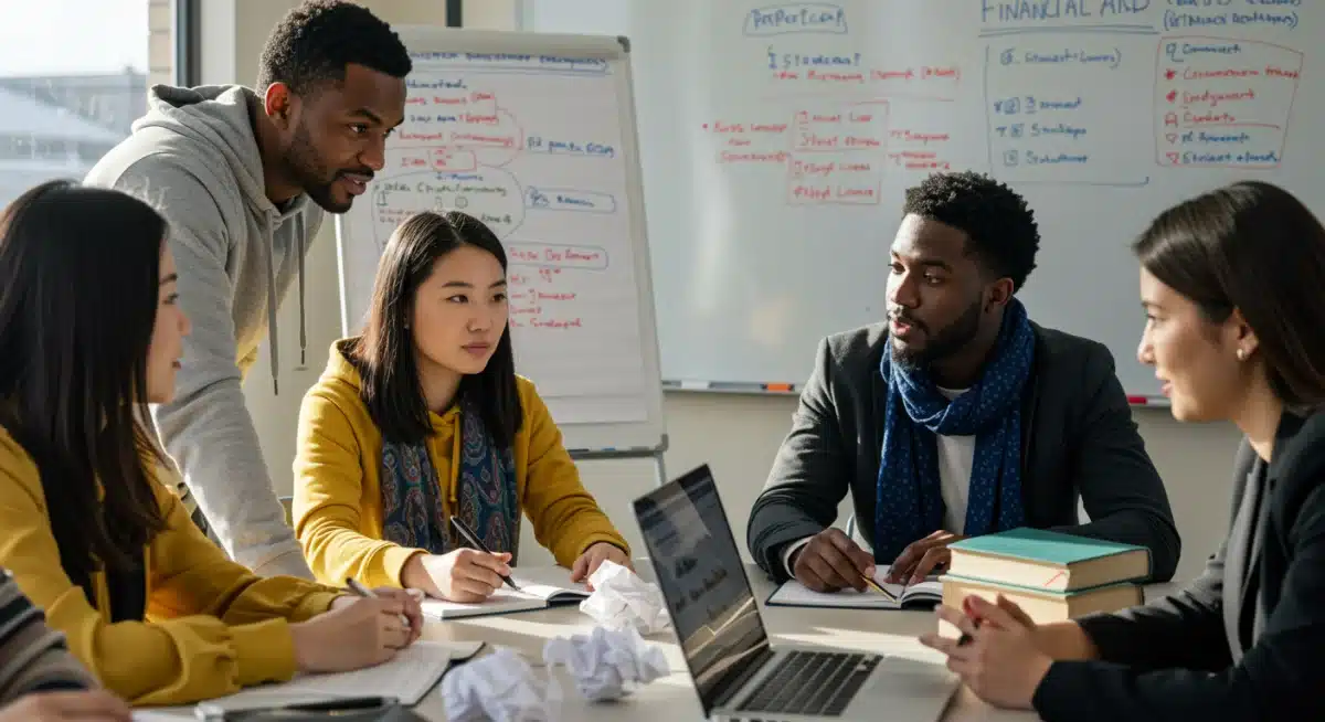 Grupo de estudiantes discutiendo opciones de financiación y préstamos educativos.