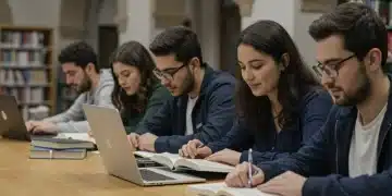 Estudiantes universitarios españoles estudiando en una biblioteca moderna