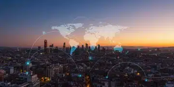 Paisaje urbano español moderno con líneas digitales, simbolizando el crecimiento de la exportación de servicios