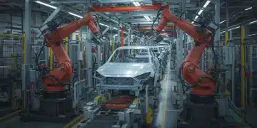 Fábrica automotriz española de alta tecnología en 2026, con robots ensamblando vehículos eléctricos y componentes, simbolizando innovación y eficiencia.