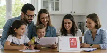 Familia española feliz revisando documentos para el cheque familiar 2026