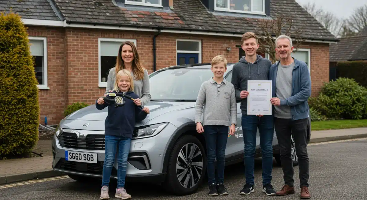 Familia feliz junto a su nuevo coche eléctrico, simbolizando la adquisición con ayudas