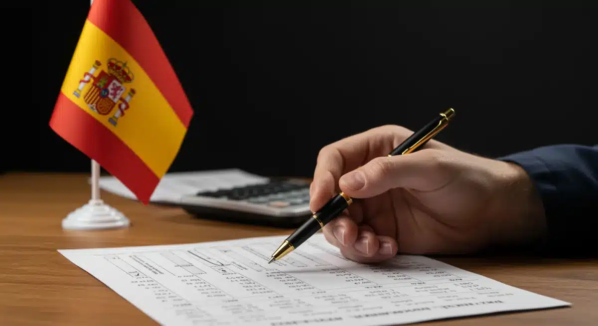 Mano señalando cálculos fiscales sobre inversiones en bonos, con la bandera de España de fondo.