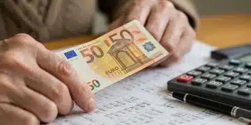 Mano mayor sosteniendo billete de 50 euros, calculadora y bolígrafo sobre mesa, simbolizando fiscalidad de pensiones en España.