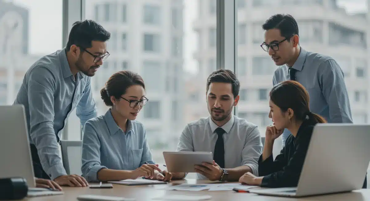 Profesionales diversos colaborando en una reunión, simbolizando la formación y digitalización laboral