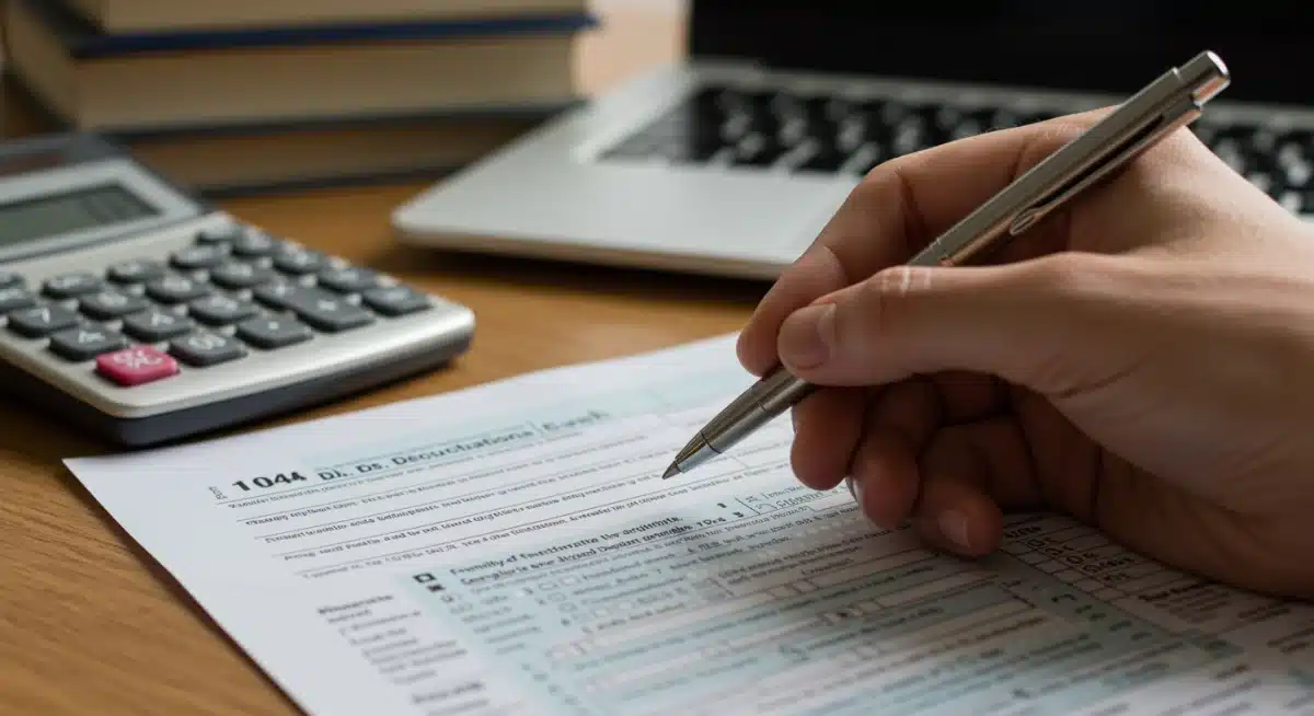 Detalle de una persona rellenando formularios de deducciones por maternidad y paternidad.