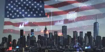 Futuristic city skyline with digital overlays representing AI and data shaping the US economy by 2026.