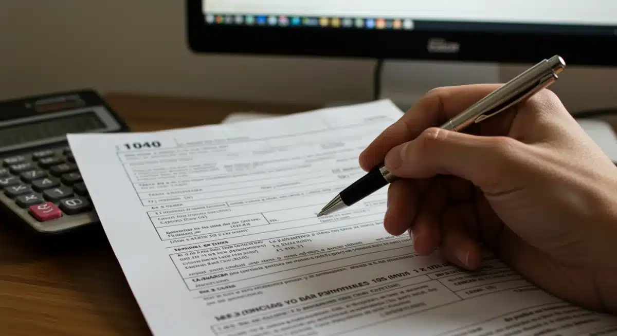 Mano señalando ganancias patrimoniales en un documento fiscal, con calculadora y software de impuestos, ilustrando el cálculo de beneficios.