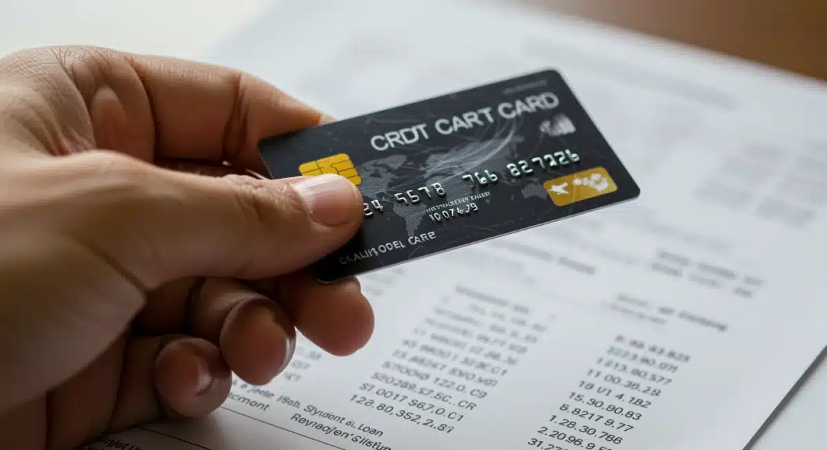 Mano sosteniendo una tarjeta de crédito sobre un estado de cuenta de préstamos estudiantiles.