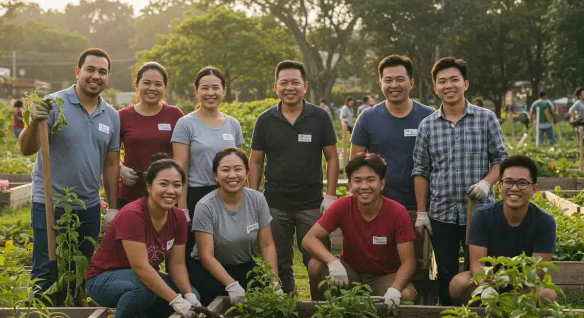 Grupo de personas colaborando en un evento benéfico, mostrando el impacto de las donaciones.