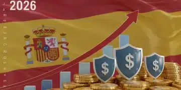 Gráfico económico de España con flecha de inflación ascendente y escudo protector en inversiones para 2026.
