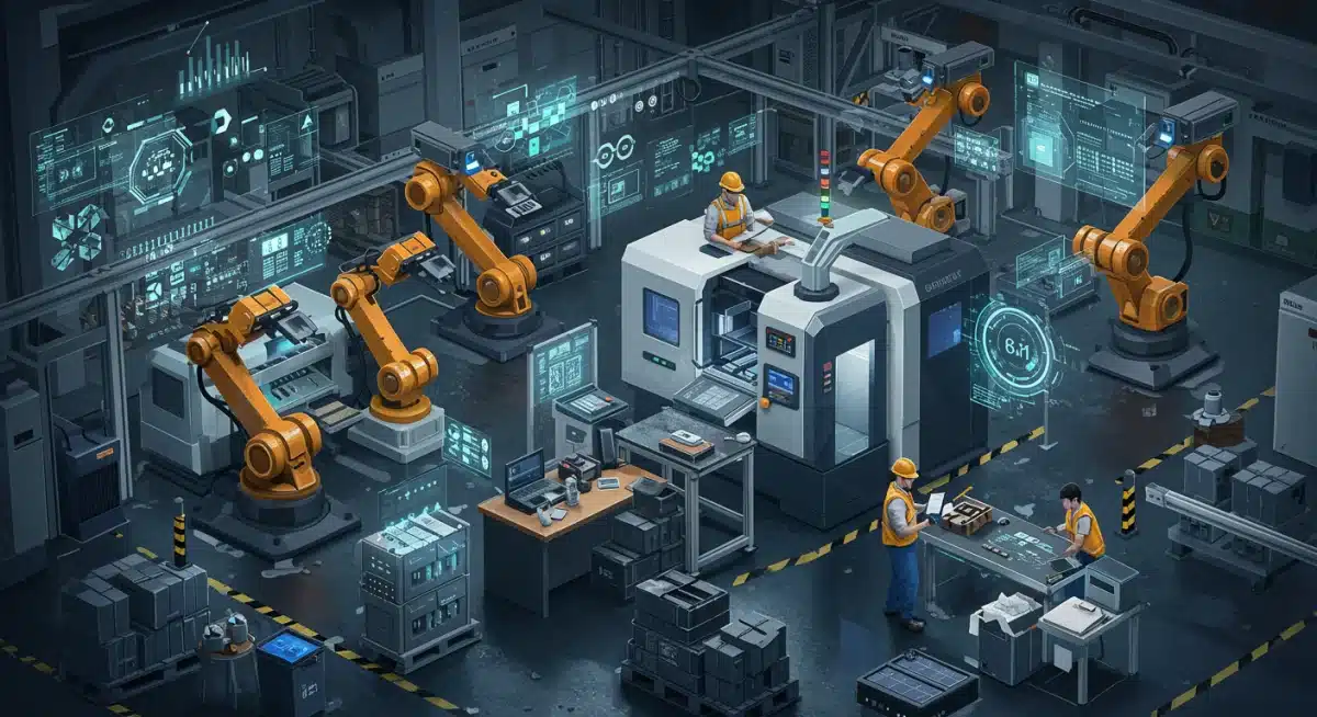 Robots y trabajadores en una fábrica moderna, simbolizando innovación industrial