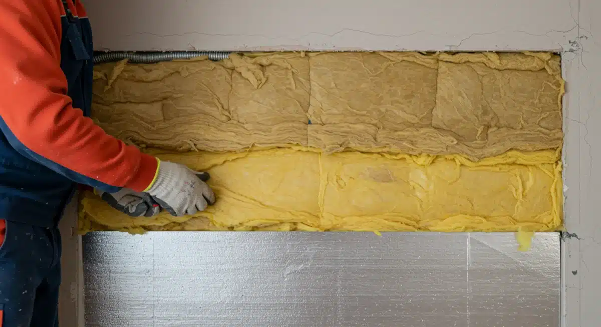 Trabajador instalando aislamiento térmico en una pared, obra clave para la eficiencia energética.