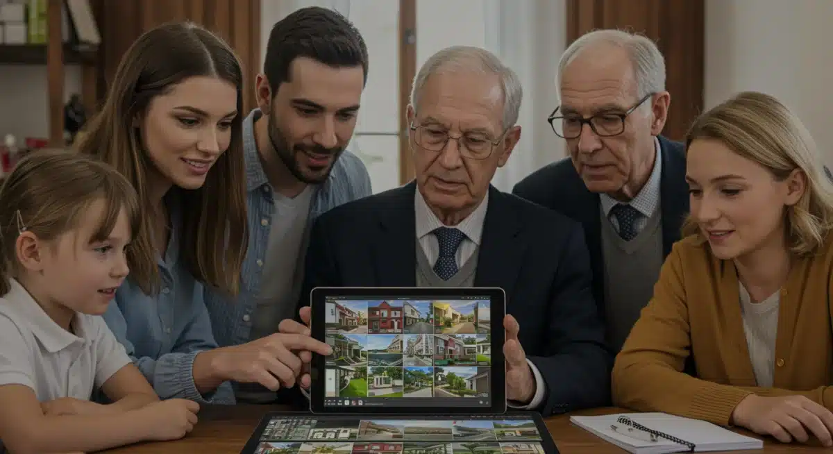 Diversas personas consultando propiedades inmobiliarias en una tableta, reflejando el interés del mercado.