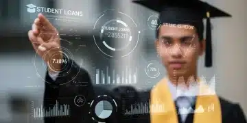 Interfaz digital avanzada mostrando datos de deuda educativa y herramientas de gestión financiera.