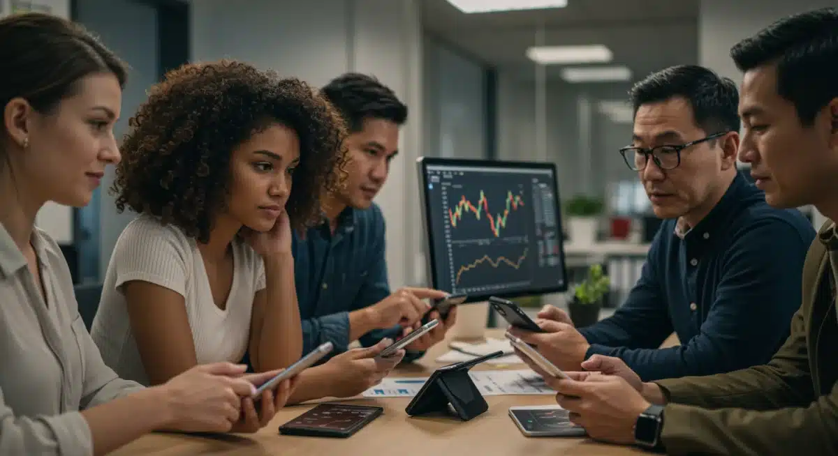 Grupo de inversores españoles analizando gráficos de criptomonedas y gestionando carteras digitales, simbolizando la inversión inteligente.