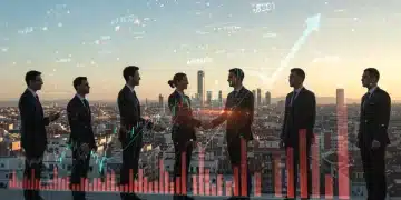 Mapa de España con gráficos de crecimiento y manos entrelazadas simbolizando la inversión extranjera directa.